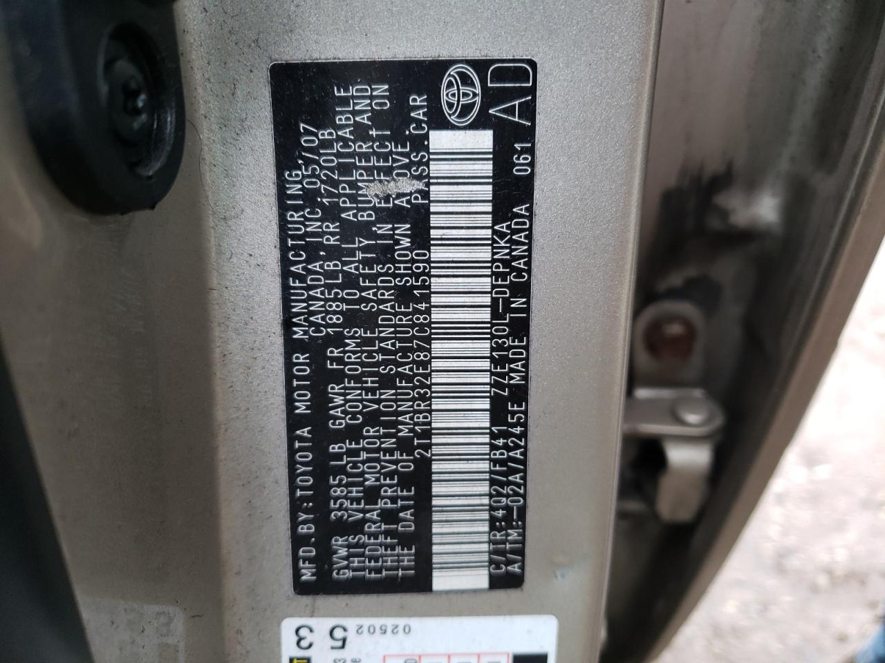 Фото 10 с аукциона – 2007 TOYOTA COROLLA CE с VIN 2T1BR32E87C841590