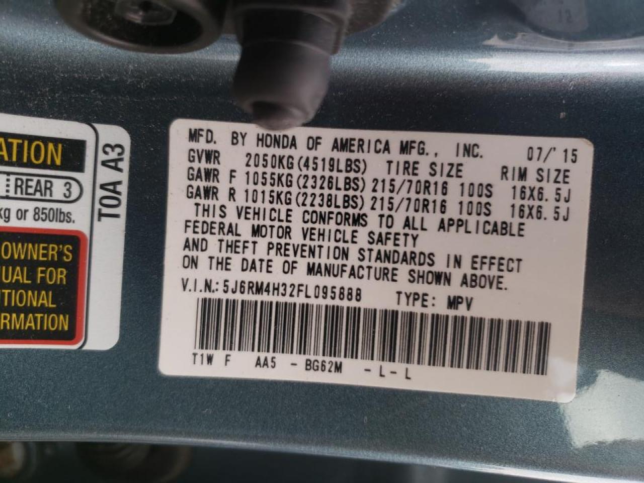 Photo 10 from auction – 2015 HONDA CR-V LX with VIN 5J6RM4H32FL095888