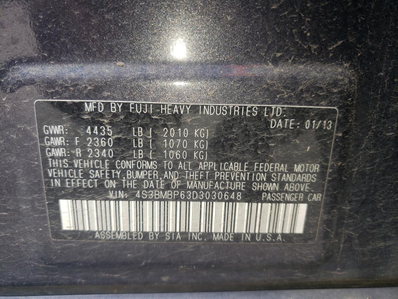 Zdjęcie 10 z aukcji – 2013 SUBARU LEGACY 2.5 z VIN 4S3BMBP63D3030648