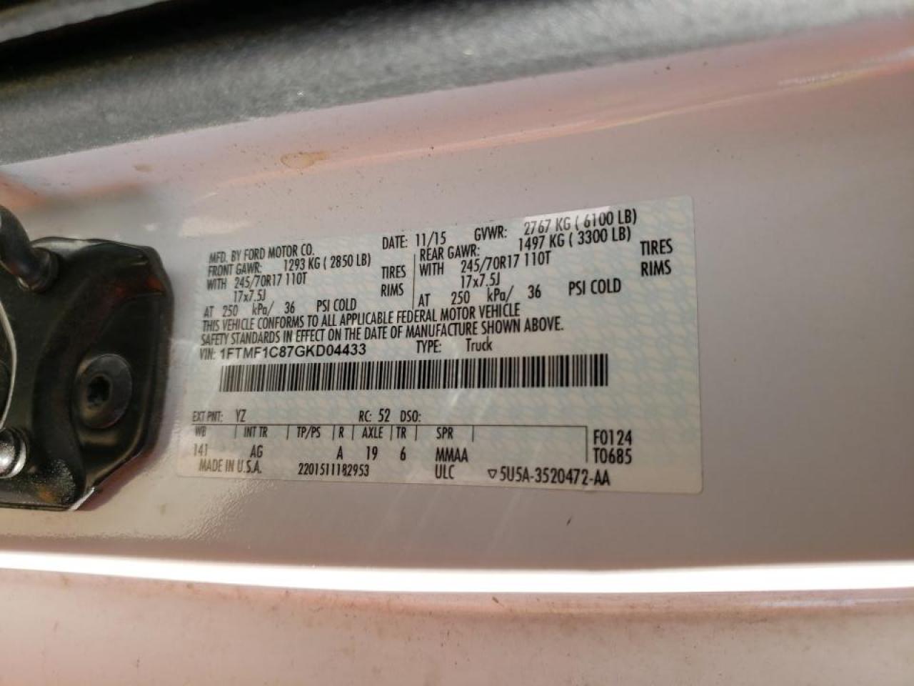 Photo 10 from auction – 2016 FORD F150 with VIN 1FTMF1C87GKD04433