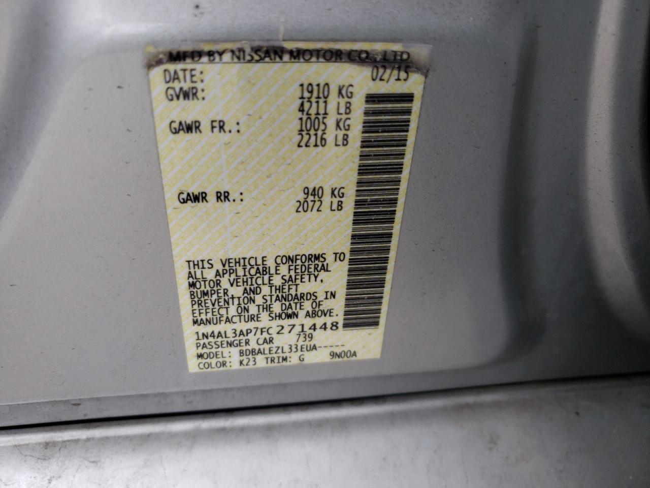 Photo 10 from auction – 2015 NISSAN ALTIMA 2.5 with VIN 1N4AL3AP7FC271448