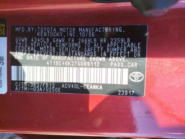 Photo 10 from auction – 2007 TOYOTA CAMRY CE with VIN 4T1BE46K27U089112