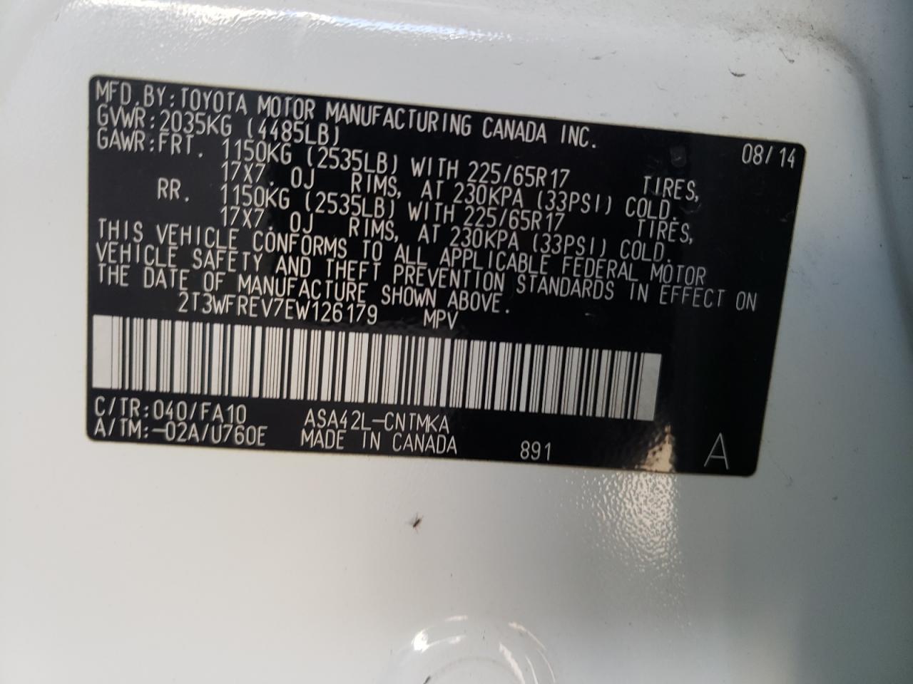 Photo 10 from auction – 2014 TOYOTA RAV4 XLE with VIN 2T3WFREV7EW126179