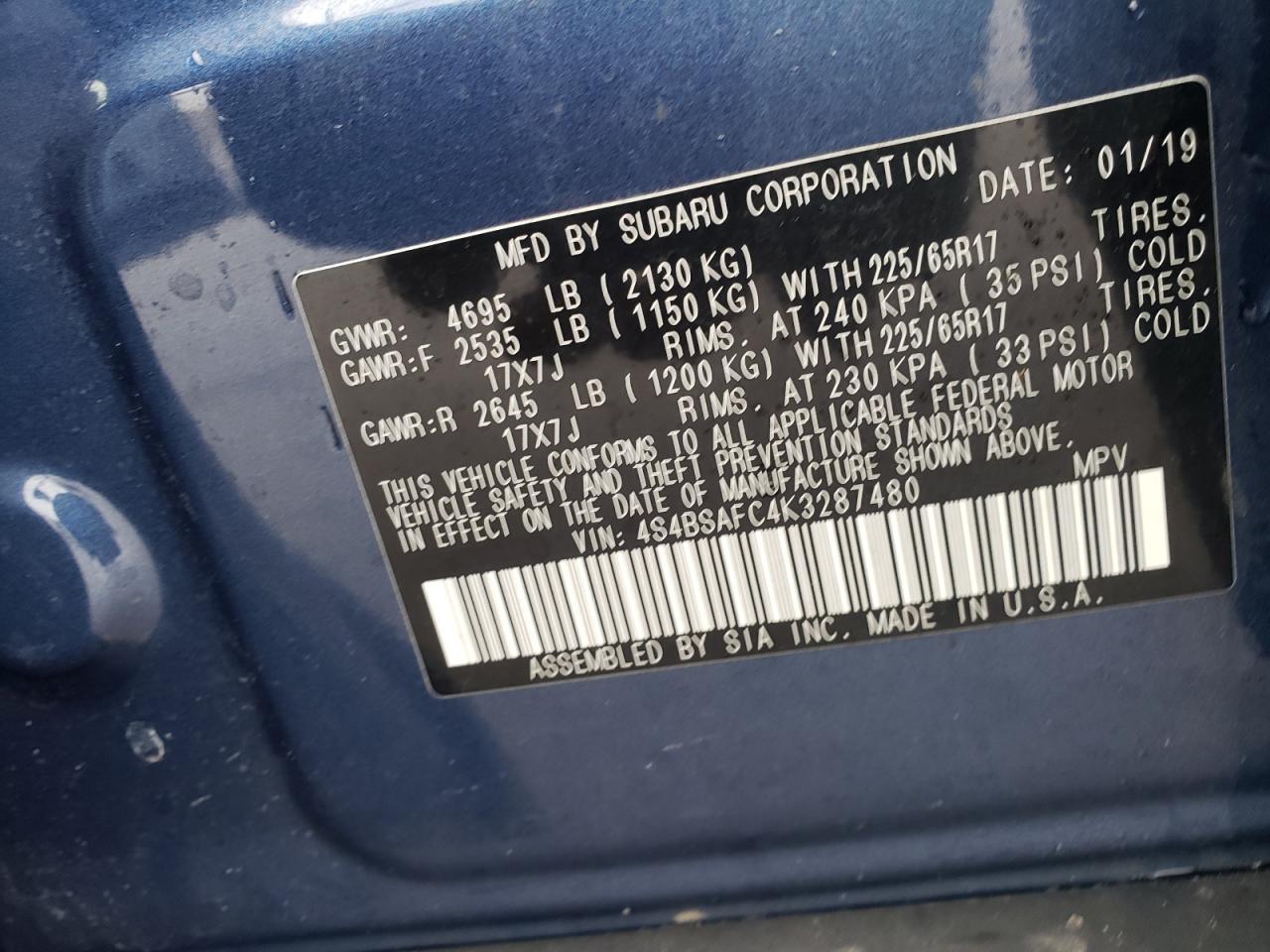 Photo 10 from auction – 2019 SUBARU OUTBACK 2. with VIN 4S4BSAFC4K3287480