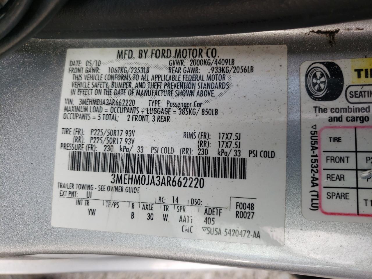 Photo 10 from auction – 2010 MERCURY MILAN PREM with VIN 3MEHM0JA3AR662220