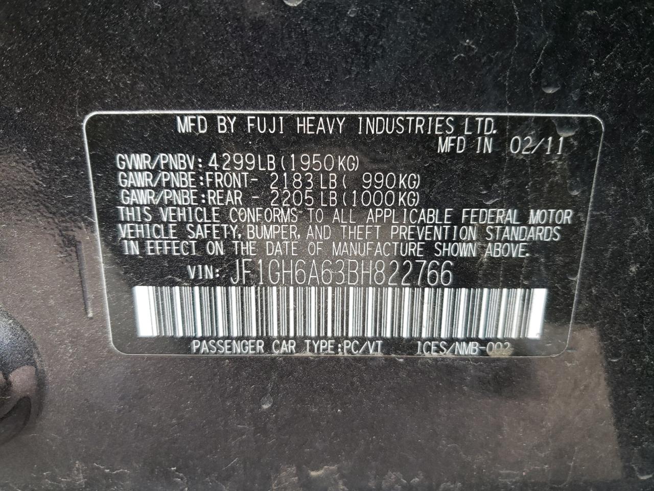 Photo 10 from auction – 2011 SUBARU IMPREZA 2. with VIN JF1GH6A63BH822766