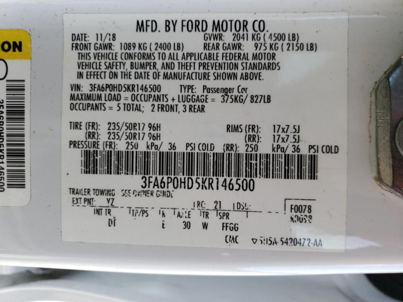 Photo 10 from auction – 2019 FORD FUSION SE with VIN 3FA6P0HD5KR146500