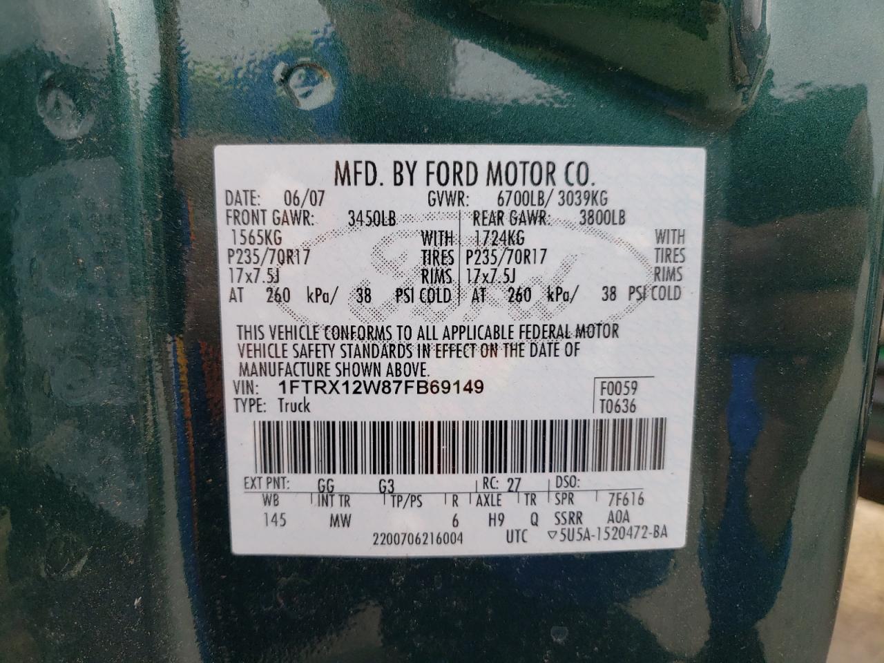 Photo 10 from auction – 2007 FORD F150 with VIN 1FTRX12W87FB69149