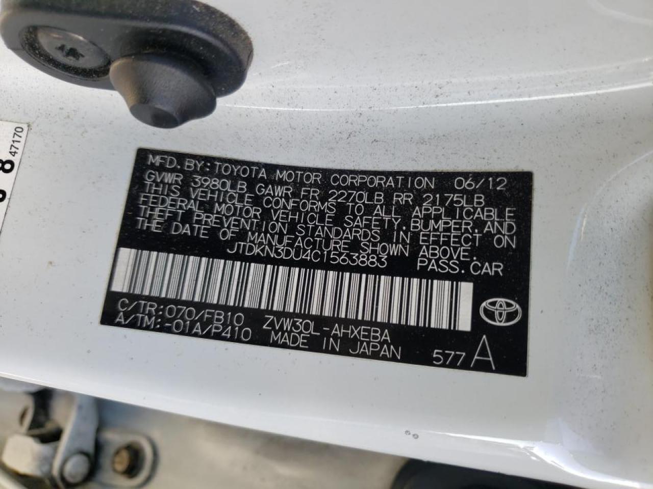 Photo 10 from auction – 2012 TOYOTA PRIUS with VIN JTDKN3DU4C1563883