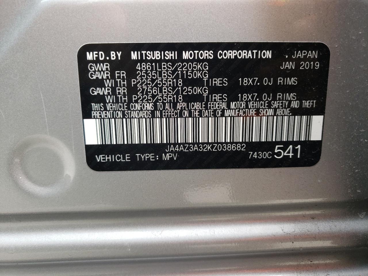 Photo 10 from auction – 2019 MITSUBISHI OUTLANDER with VIN JA4AZ3A32KZ038682