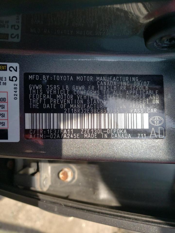 Photo 10 from auction – 2008 TOYOTA COROLLA CE with VIN 2T1BR32E98C893795