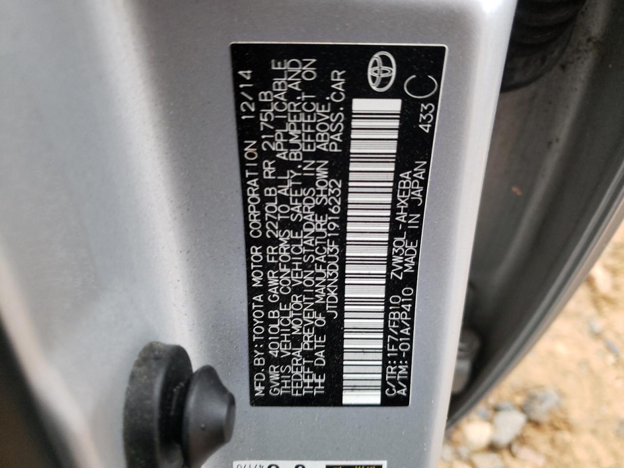 Zdjęcie 10 z aukcji – 2015 TOYOTA PRIUS z VIN JTDKN3DU3F1916232