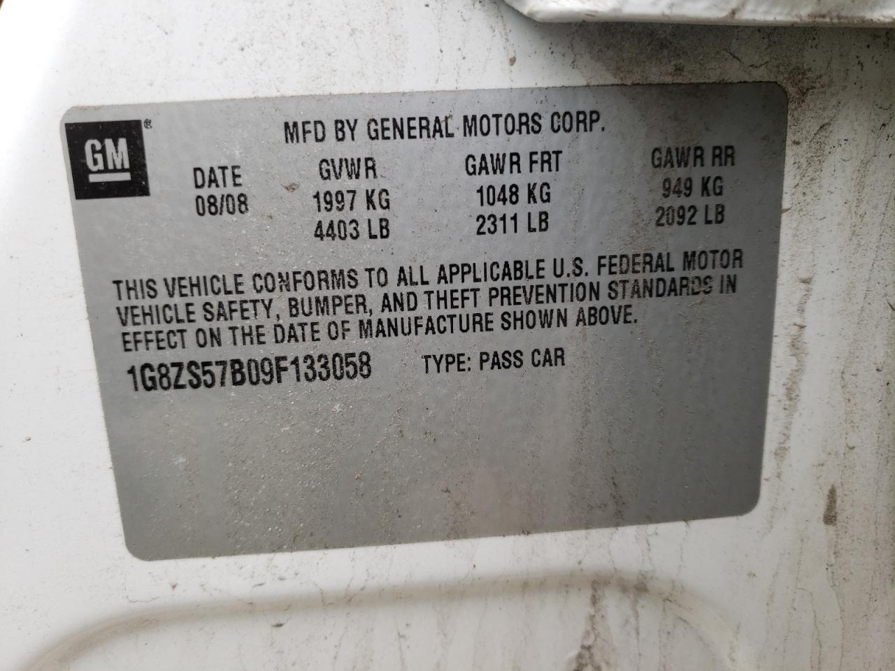 Photo 10 from auction – 2009 SATURN AURA XE with VIN 1G8ZS57B09F133058