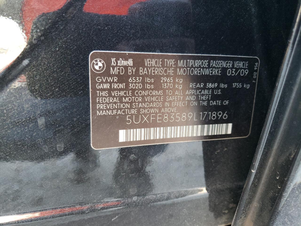 Photo 10 from auction – 2009 BMW X5 XDRIVE4 with VIN 5UXFE83589L171896