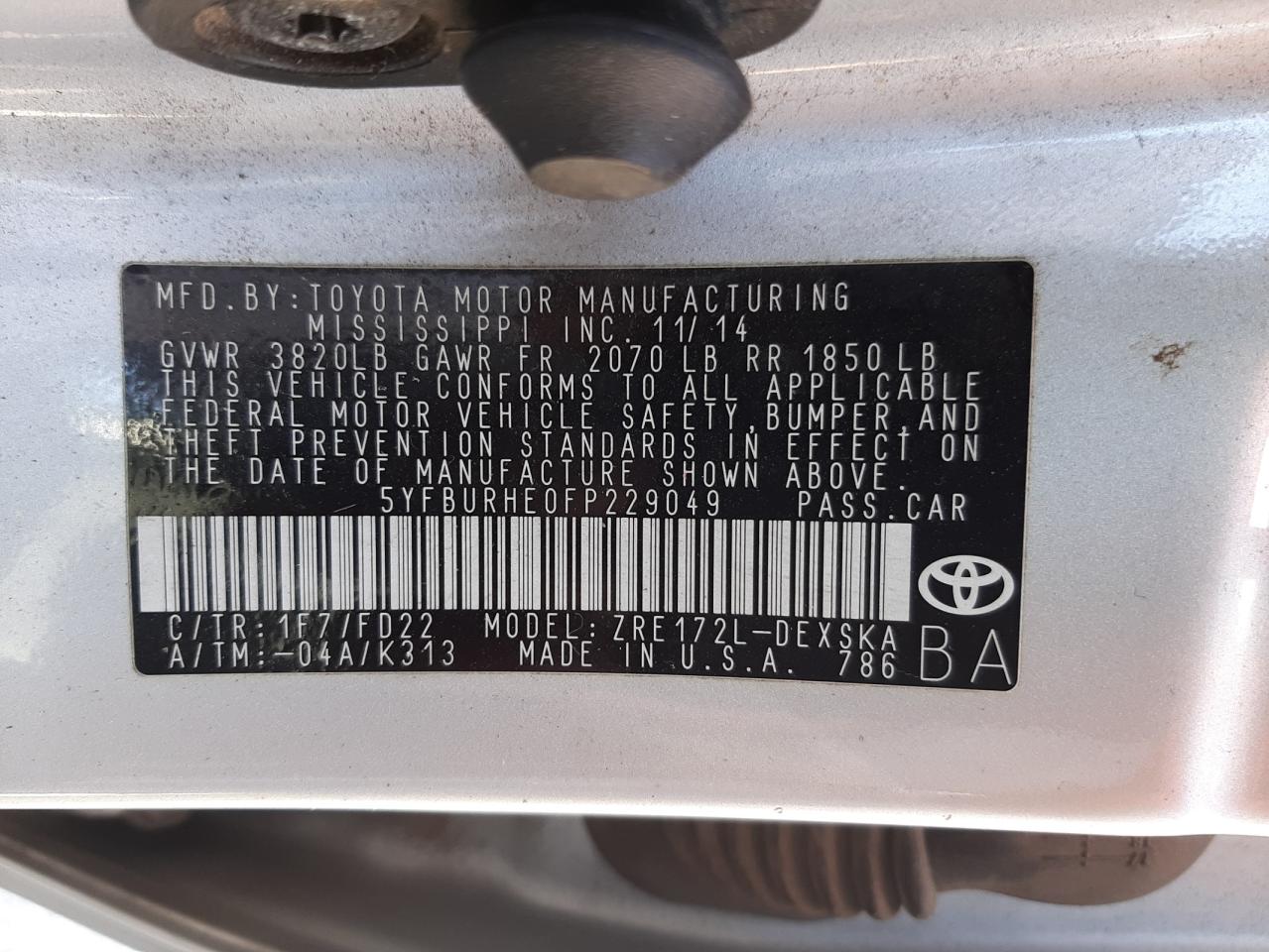 Photo 10 from auction – 2015 TOYOTA COROLLA L with VIN 5YFBURHE0FP229049