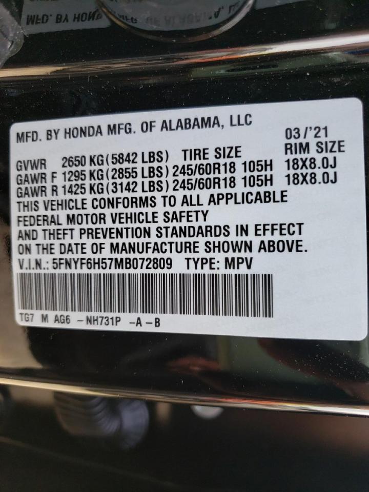 Photo 10 from auction – 2021 HONDA PILOT EXL with VIN 5FNYF6H57MB072809