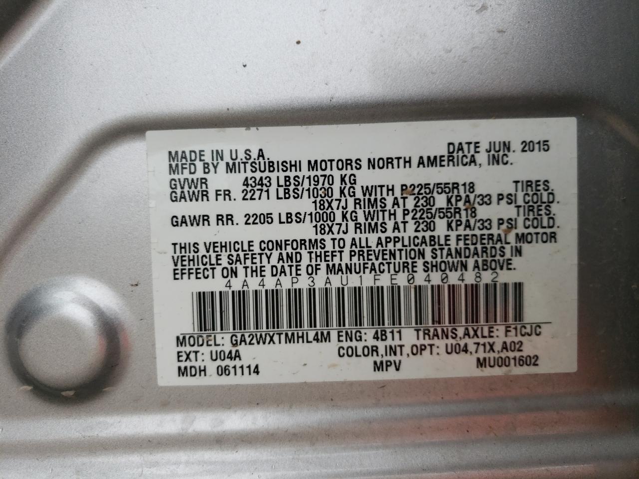 Photo 10 from auction – 2015 MITSUBISHI OUTLANDER with VIN 4A4AP3AU1FE040482