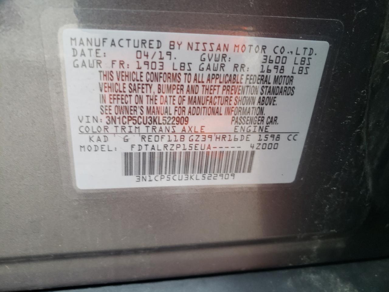 Photo 10 from auction – 2019 NISSAN KICKS S with VIN 3N1CP5CU3KL522909