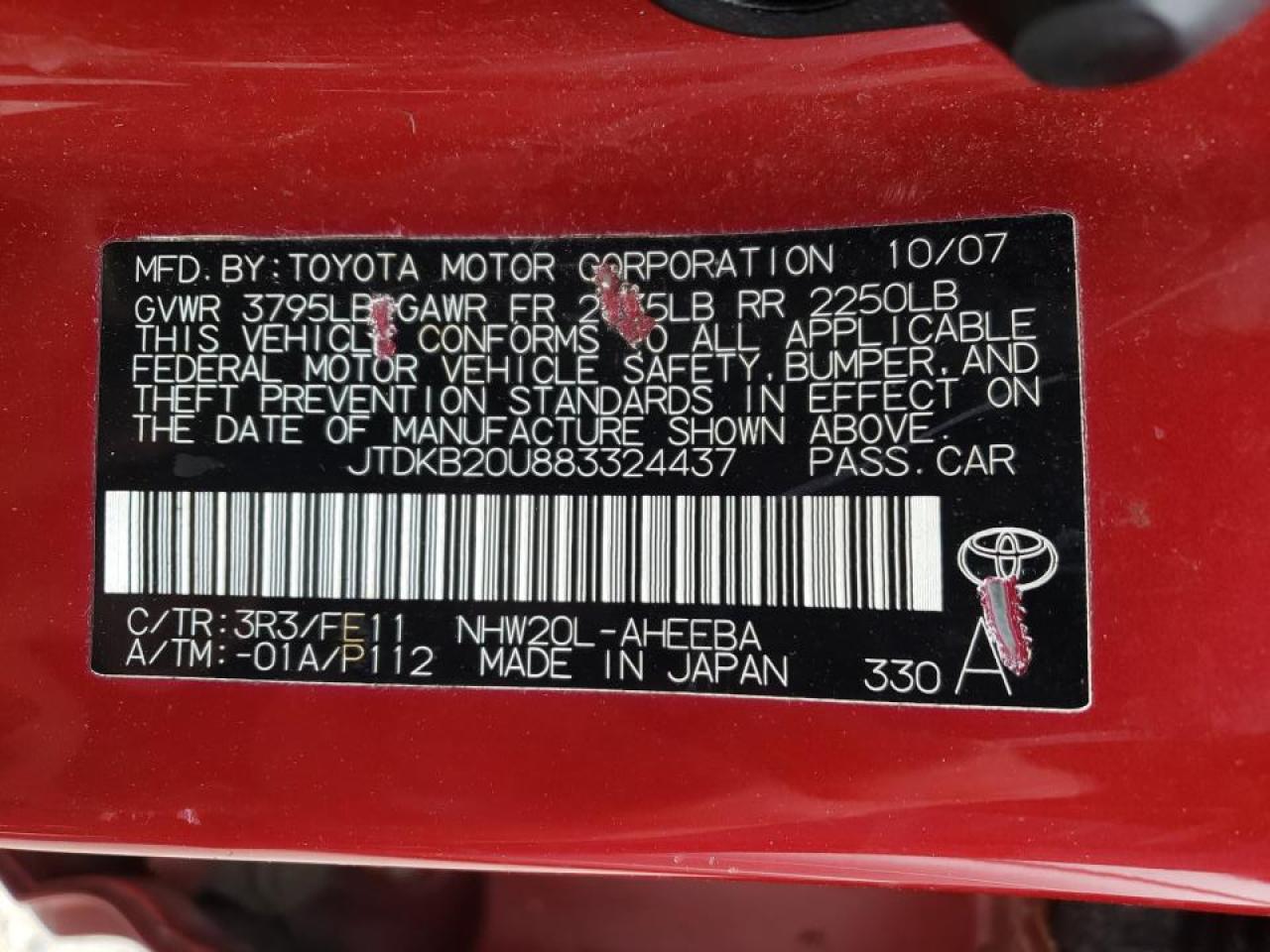 Photo 10 from auction – 2008 TOYOTA PRIUS with VIN JTDKB20U883324437