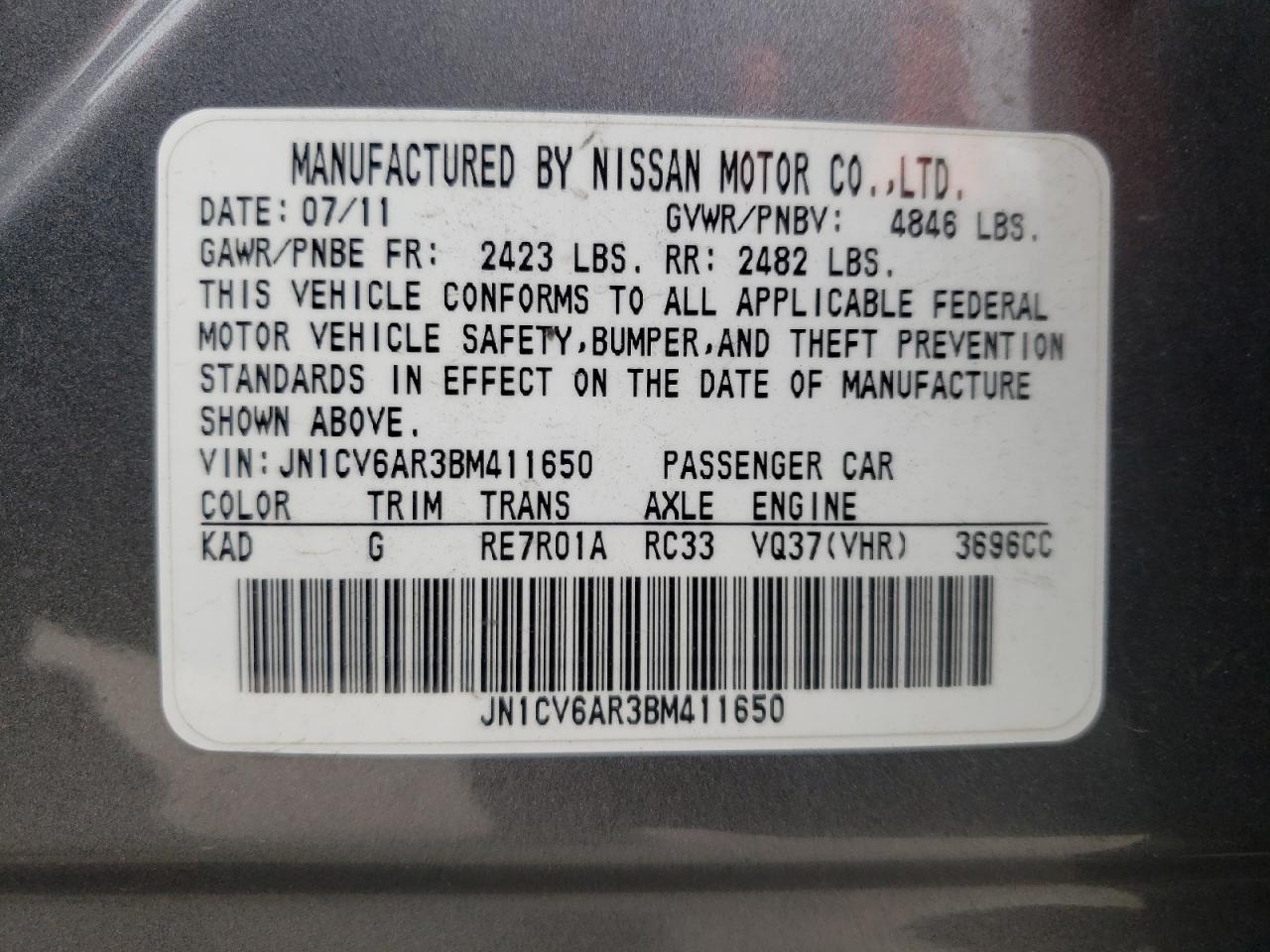 Photo 10 from auction – 2011 INFINITI G37 with VIN JN1CV6AR3BM411650