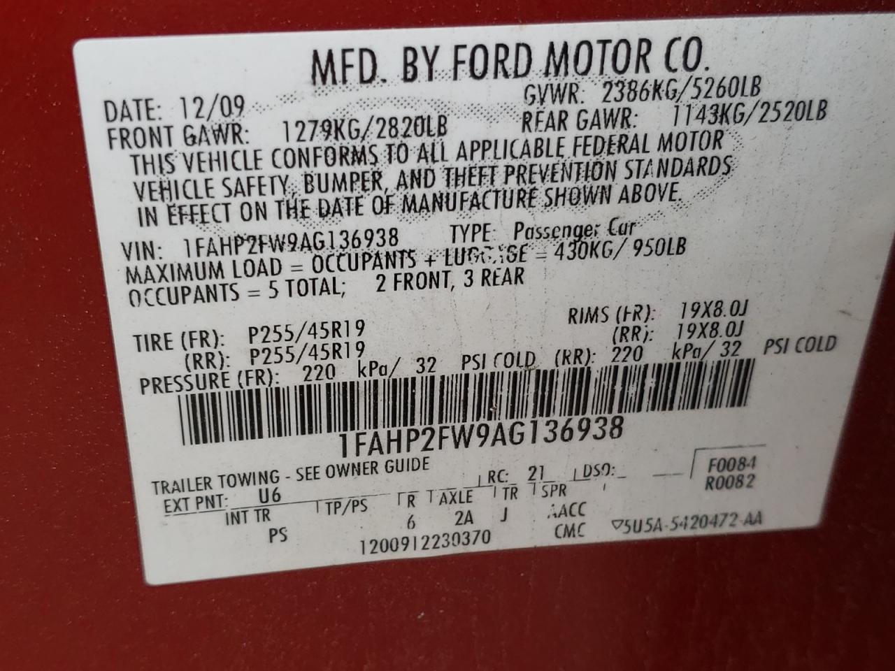 Photo 10 from auction – 2010 FORD TAURUS LIM with VIN 1FAHP2FW9AG136938