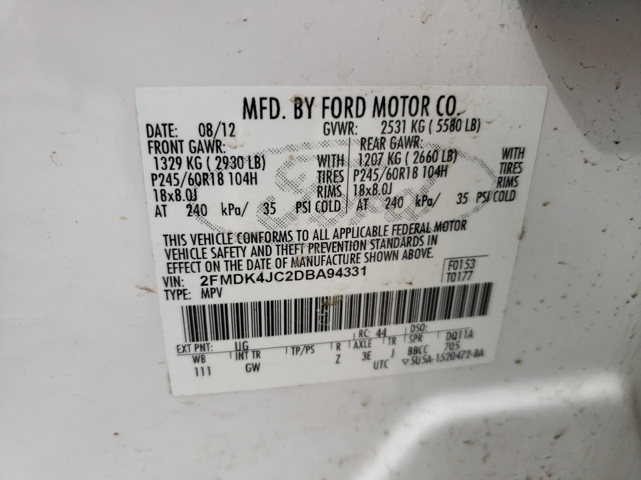 Photo 10 from auction – 2013 FORD EDGE SEL with VIN 2FMDK4JC2DBA94331