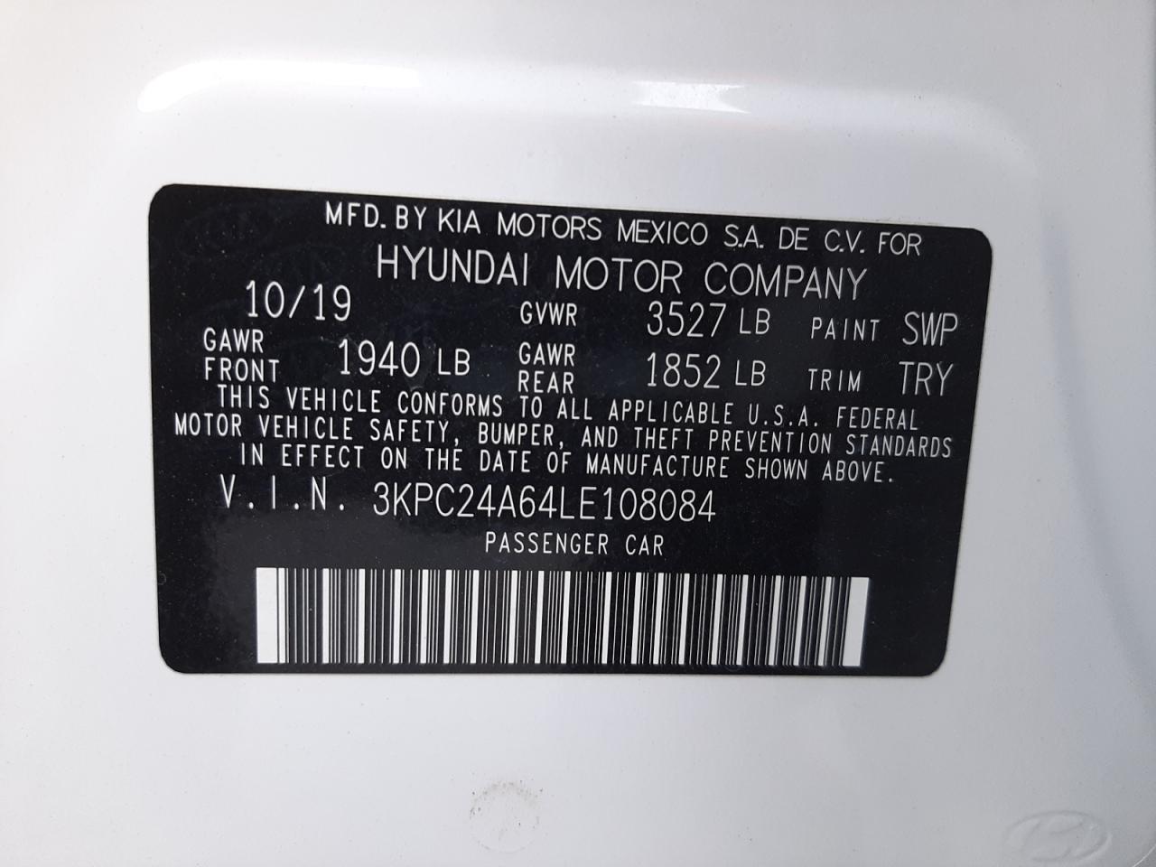 Photo 10 from auction – 2020 HYUNDAI ACCENT SE with VIN 3KPC24A64LE108084
