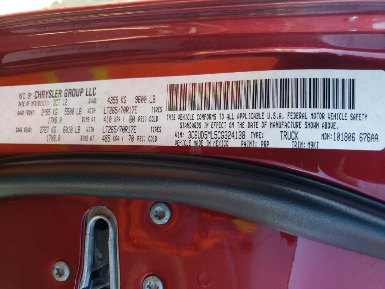 Photo 10 from auction – 2012 DODGE RAM 2500 S with VIN 3C6UD5ML5CG324138