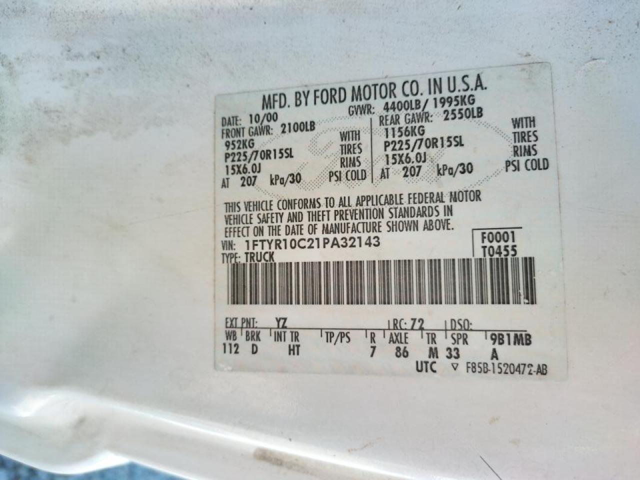 Photo 10 from auction – 2001 FORD RANGER with VIN 1FTYR10C21PA32143