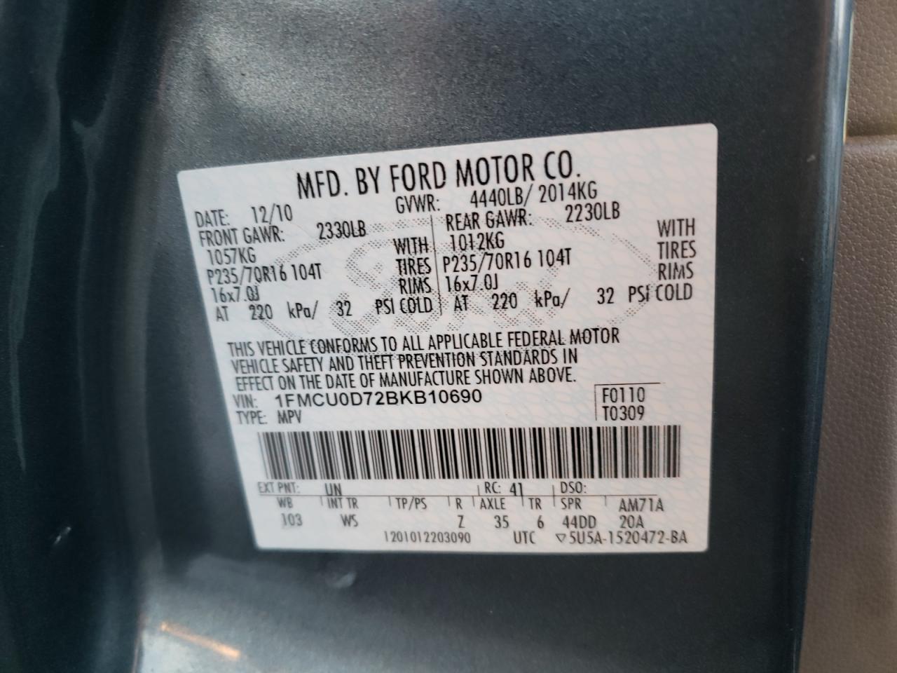 Photo 10 from auction – 2011 FORD ESCAPE XLT with VIN 1FMCU0D72BKB10690