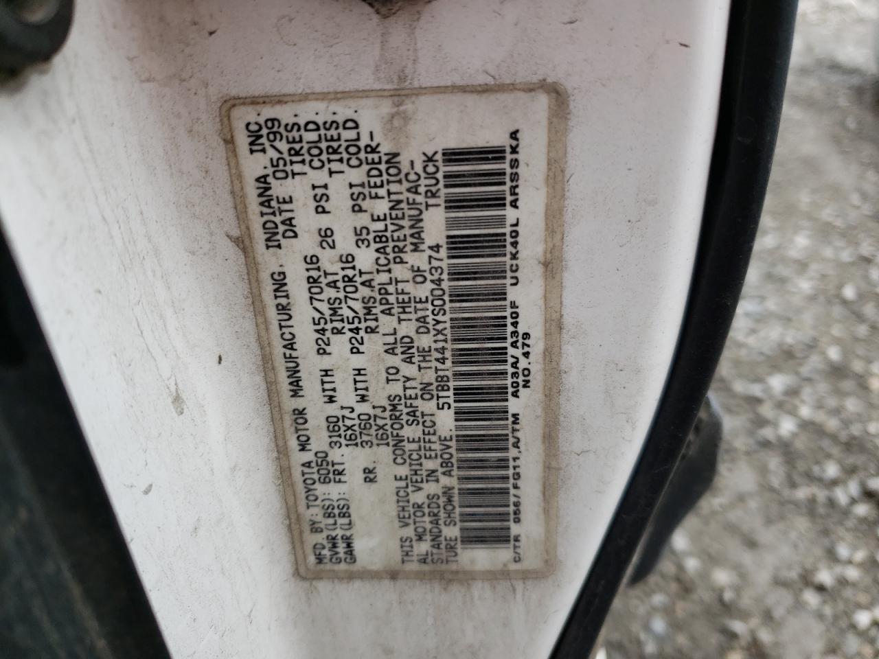 Photo 10 from auction – 2000 TOYOTA TUNDRA ACC with VIN 5TBBT441XYS004374