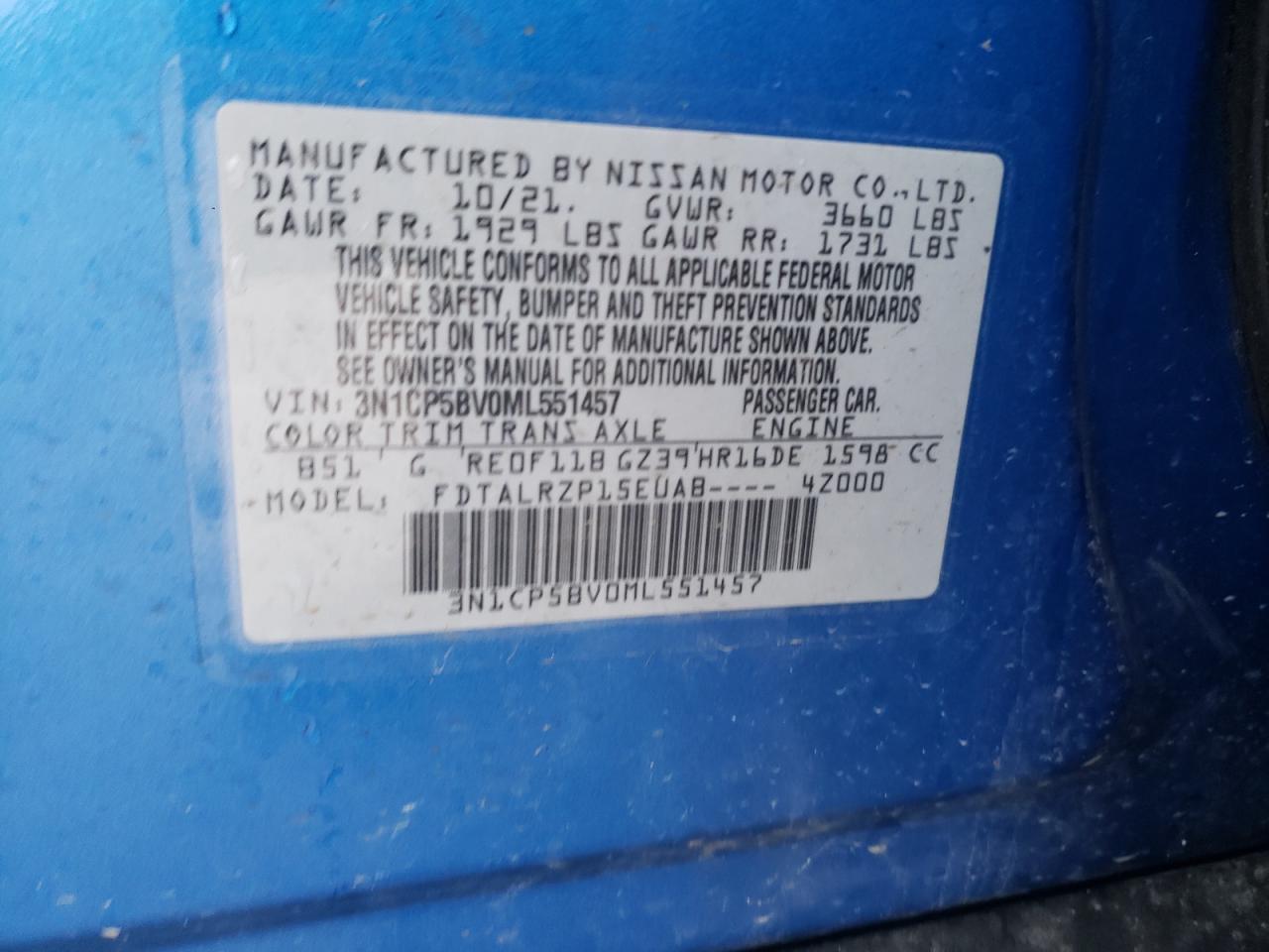 Photo 10 from auction – 2021 NISSAN KICKS S with VIN 3N1CP5BV0ML551457