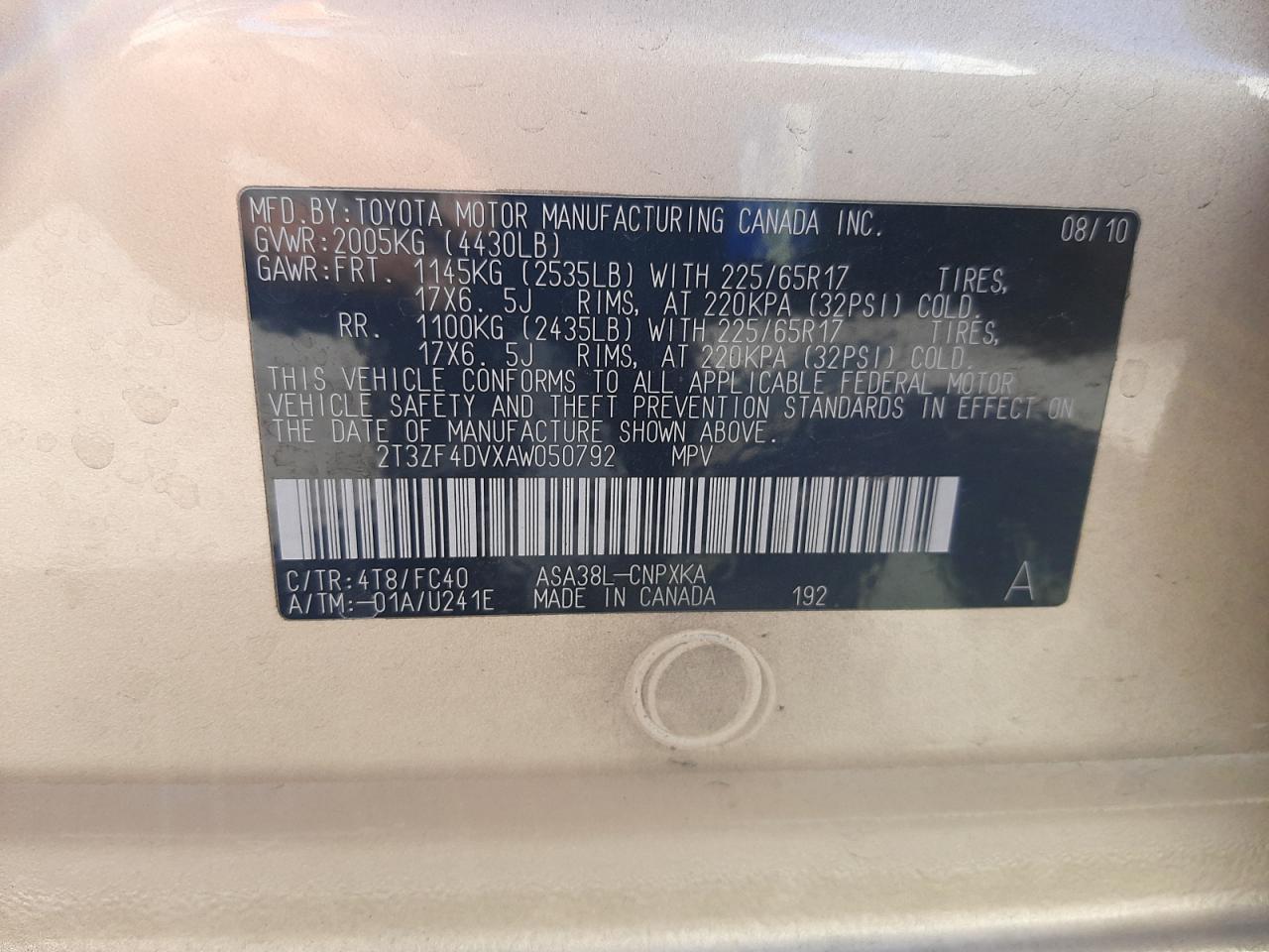 Photo 10 from auction – 2010 TOYOTA RAV4 with VIN 2T3ZF4DVXAW050792