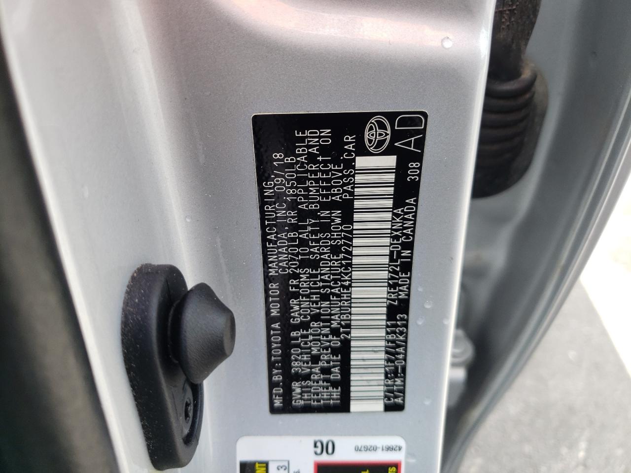 Photo 10 from auction – 2019 TOYOTA COROLLA L with VIN 2T1BURHE4KC172770