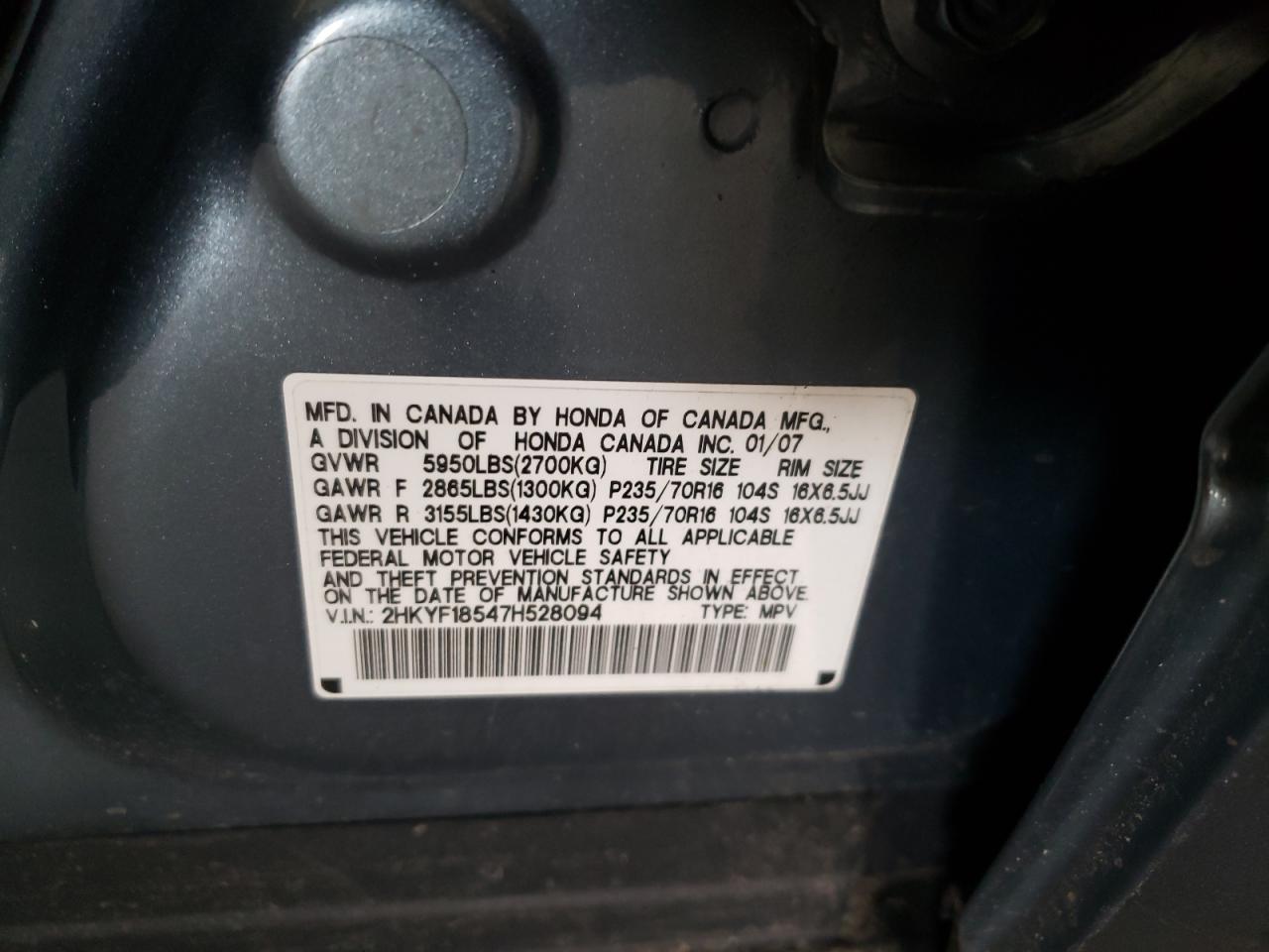 Photo 10 from auction – 2007 HONDA PILOT EXL with VIN 2HKYF18547H528094