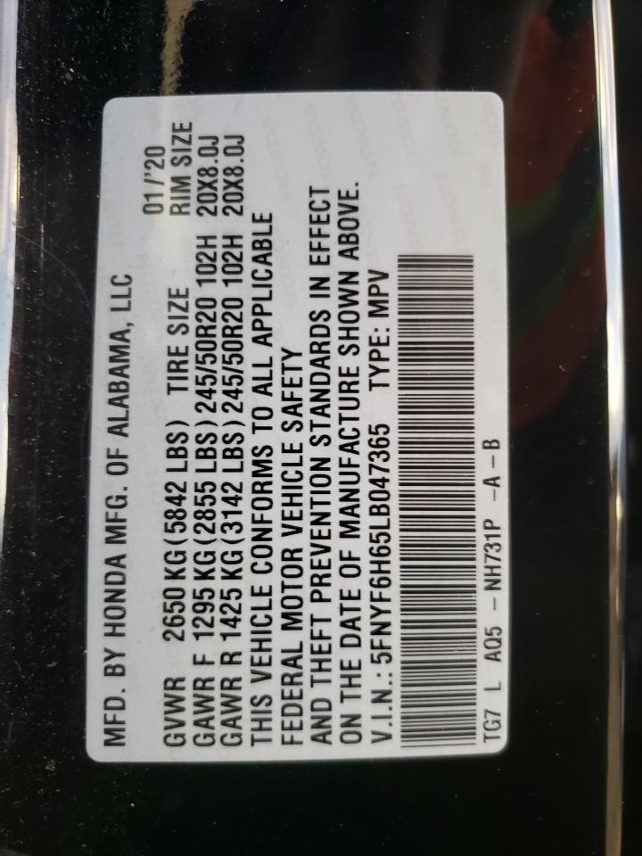 Photo 10 from auction – 2020 HONDA PILOT TOUR with VIN 5FNYF6H65LB047365