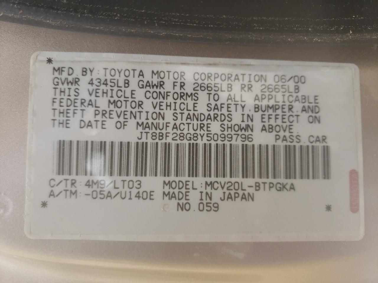 Photo 10 from auction – 2000 LEXUS ES 300 with VIN JT8BF28G8Y5099796