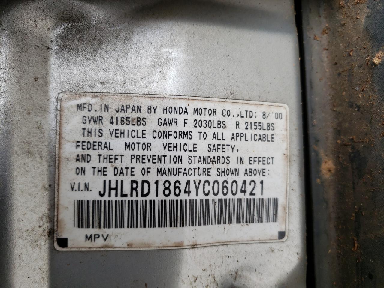 Photo 10 from auction – 2000 HONDA CR-V EX with VIN JHLRD1864YC060421