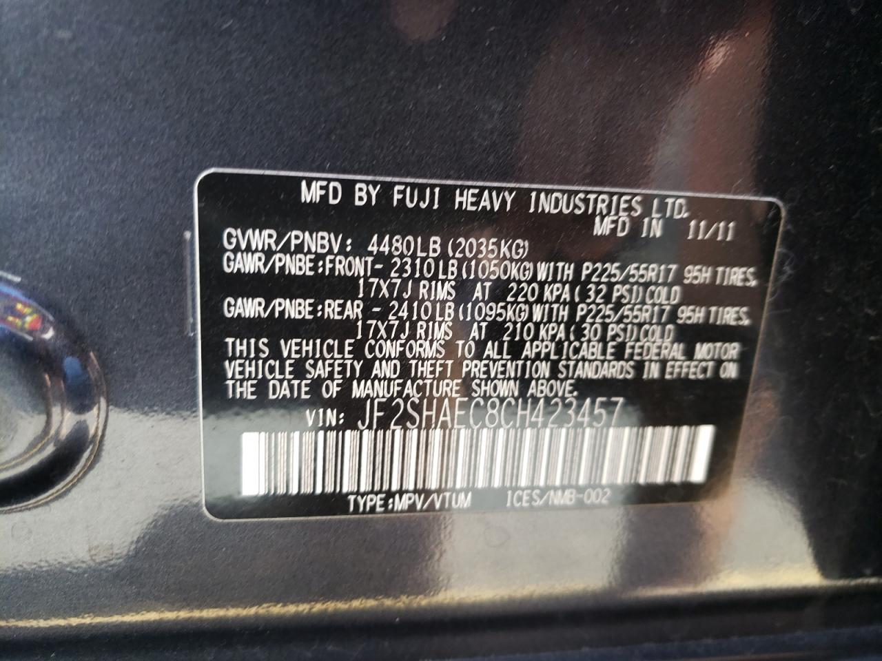 Photo 10 from auction – 2012 SUBARU FORESTER L with VIN JF2SHAEC8CH423457
