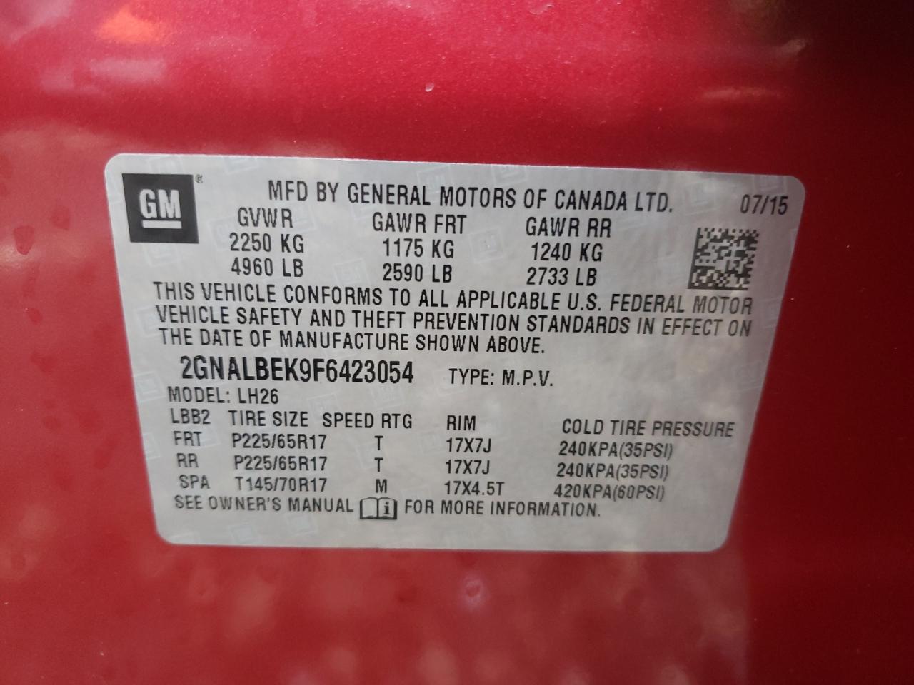 Photo 10 from auction – 2015 CHEVROLET EQUINOX LT with VIN 2GNALBEK9F6423054