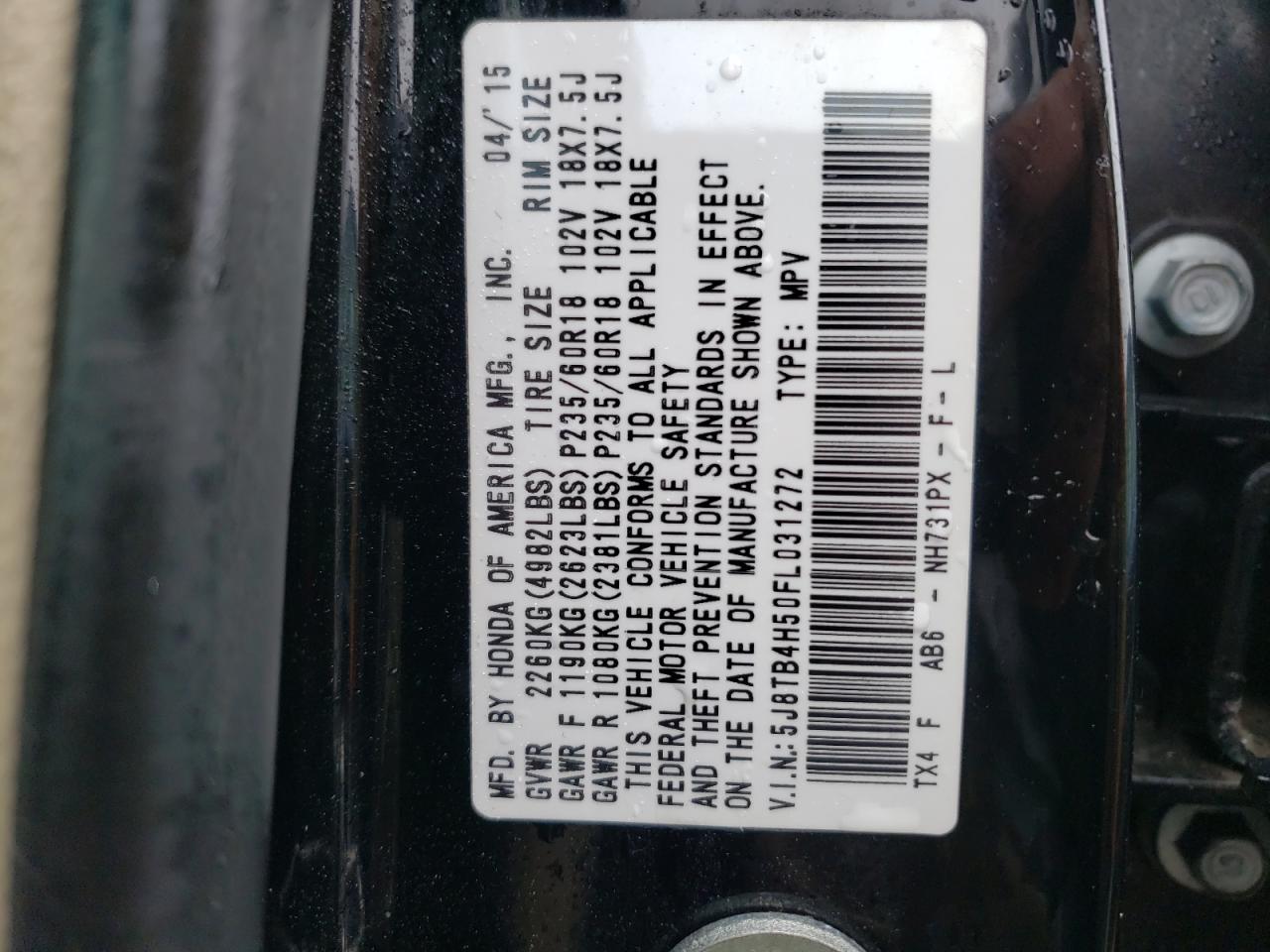 Photo 10 from auction – 2015 ACURA RDX TECHNO with VIN 5J8TB4H50FL031272