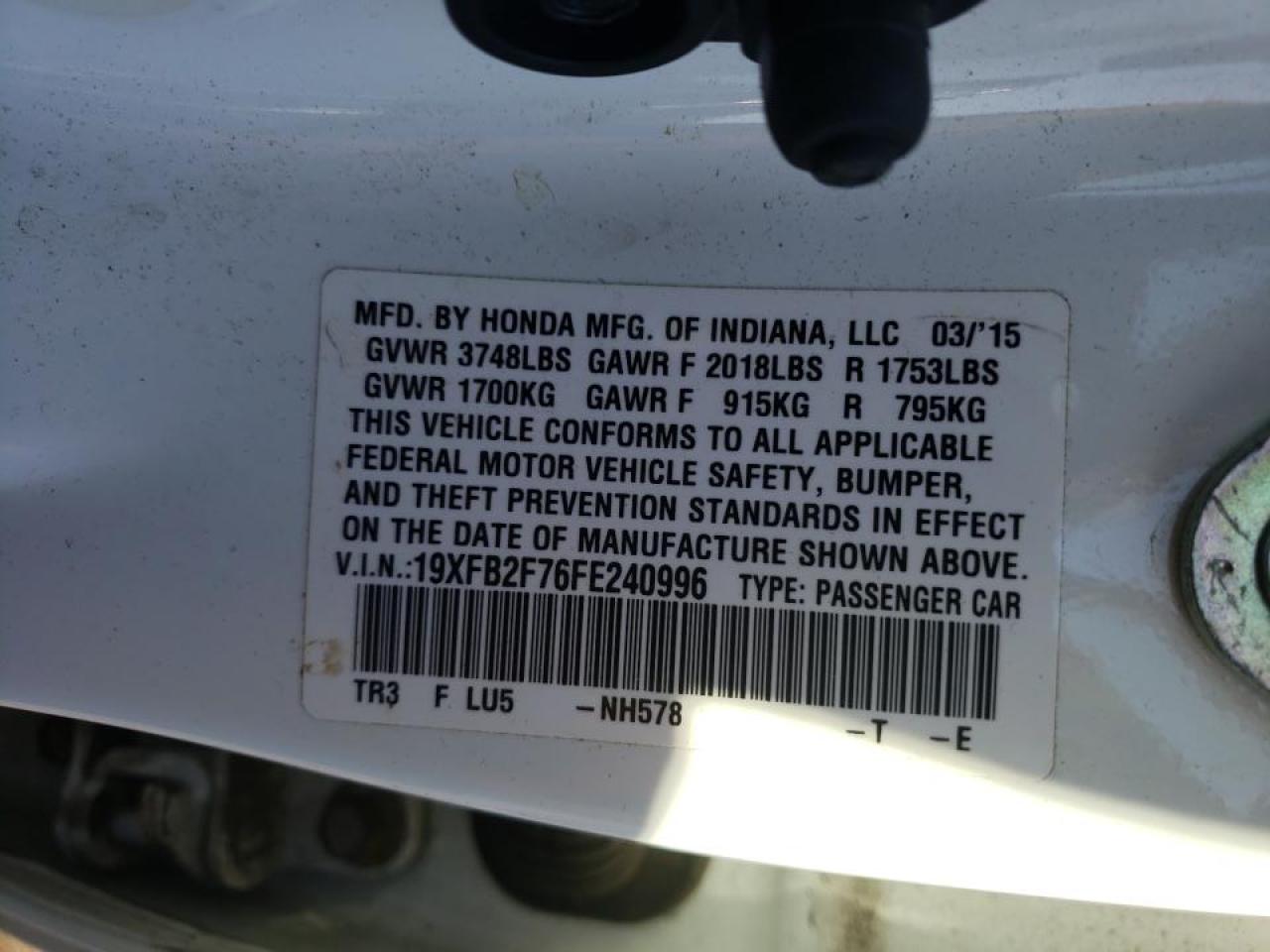Photo 10 from auction – 2015 HONDA CIVIC SE with VIN 19XFB2F76FE240996