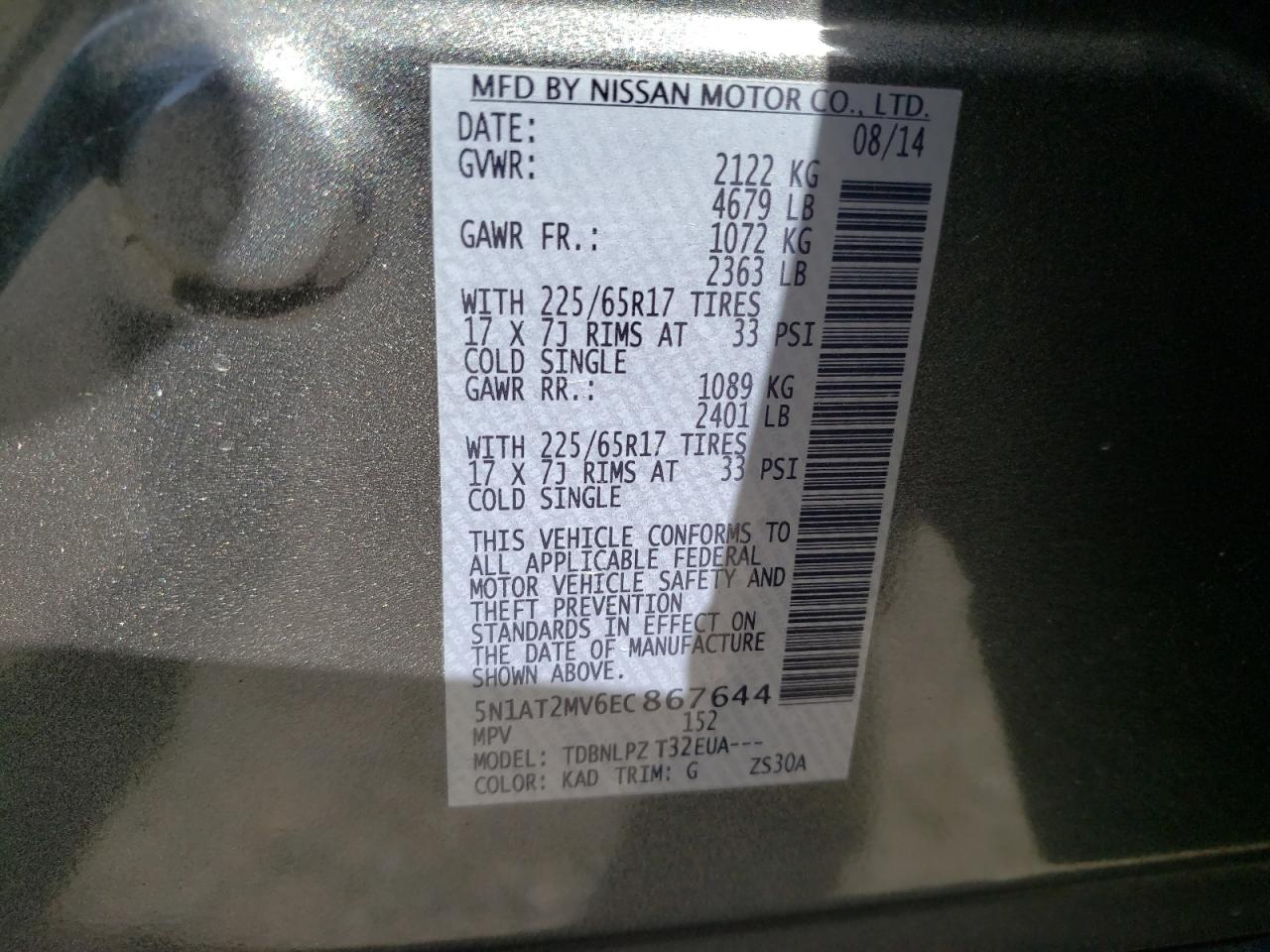 Photo 10 from auction – 2014 NISSAN ROGUE S with VIN 5N1AT2MV6EC867644