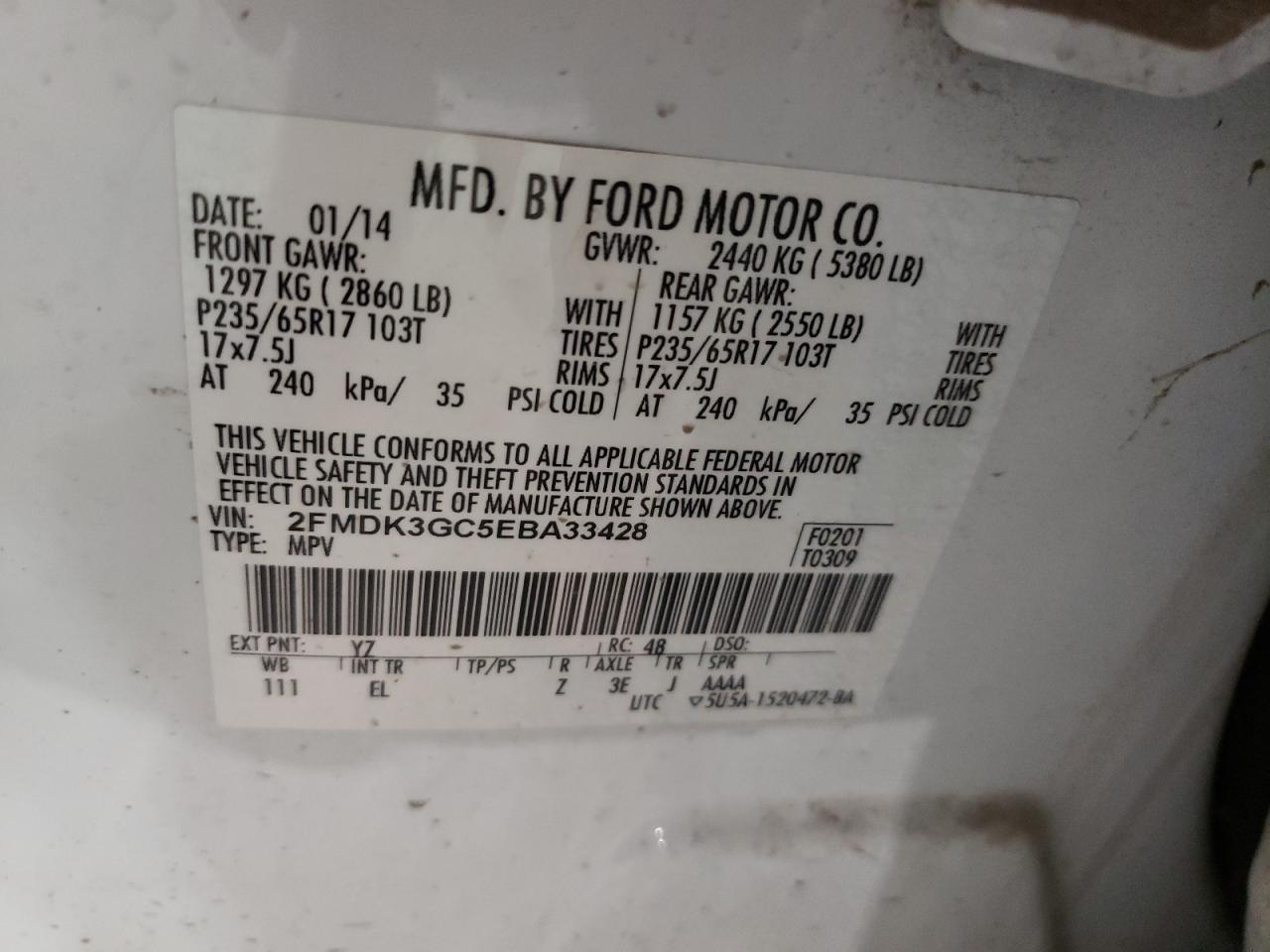 Photo 10 from auction – 2014 FORD EDGE SE with VIN 2FMDK3GC5EBA33428