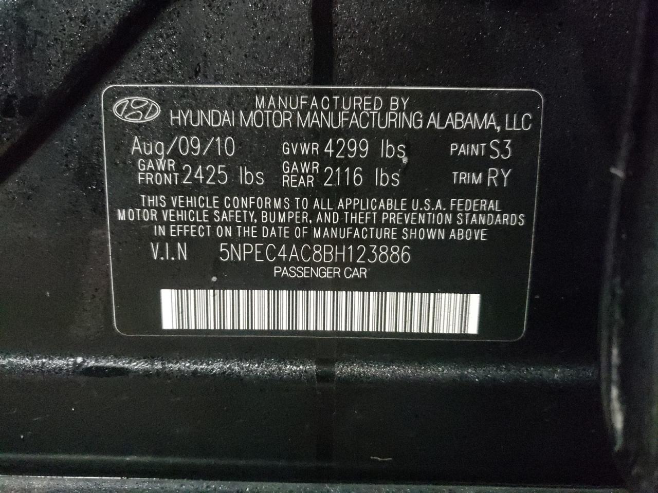 Photo 10 from auction – 2011 HYUNDAI SONATA SE with VIN 5NPEC4AC8BH123886