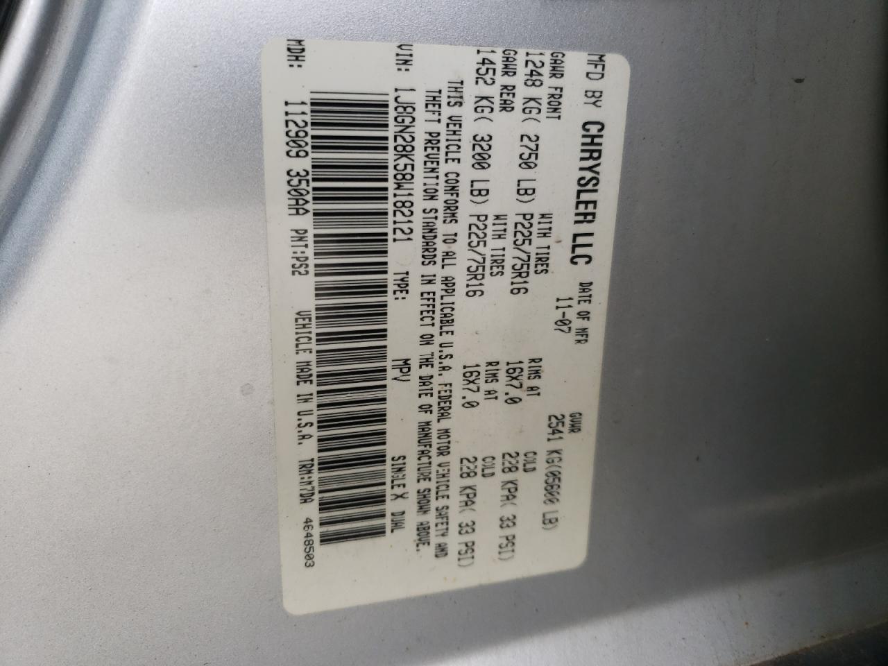 Photo 10 from auction – 2008 JEEP LIBERTY with VIN 1J8GN28K58W182121