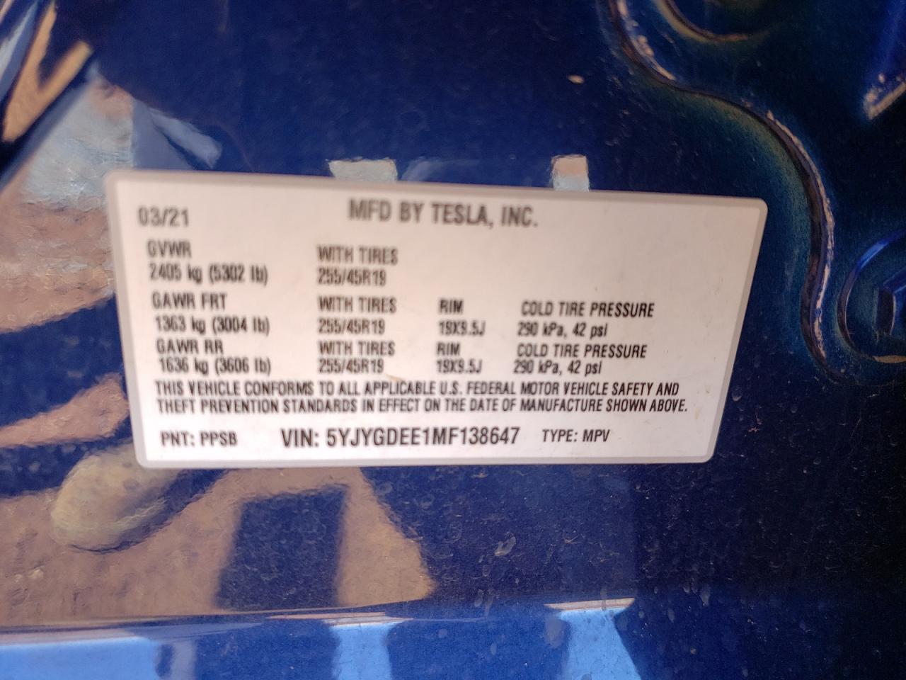Photo 10 from auction – 2021 TESLA MODEL Y with VIN 5YJYGDEE1MF138647