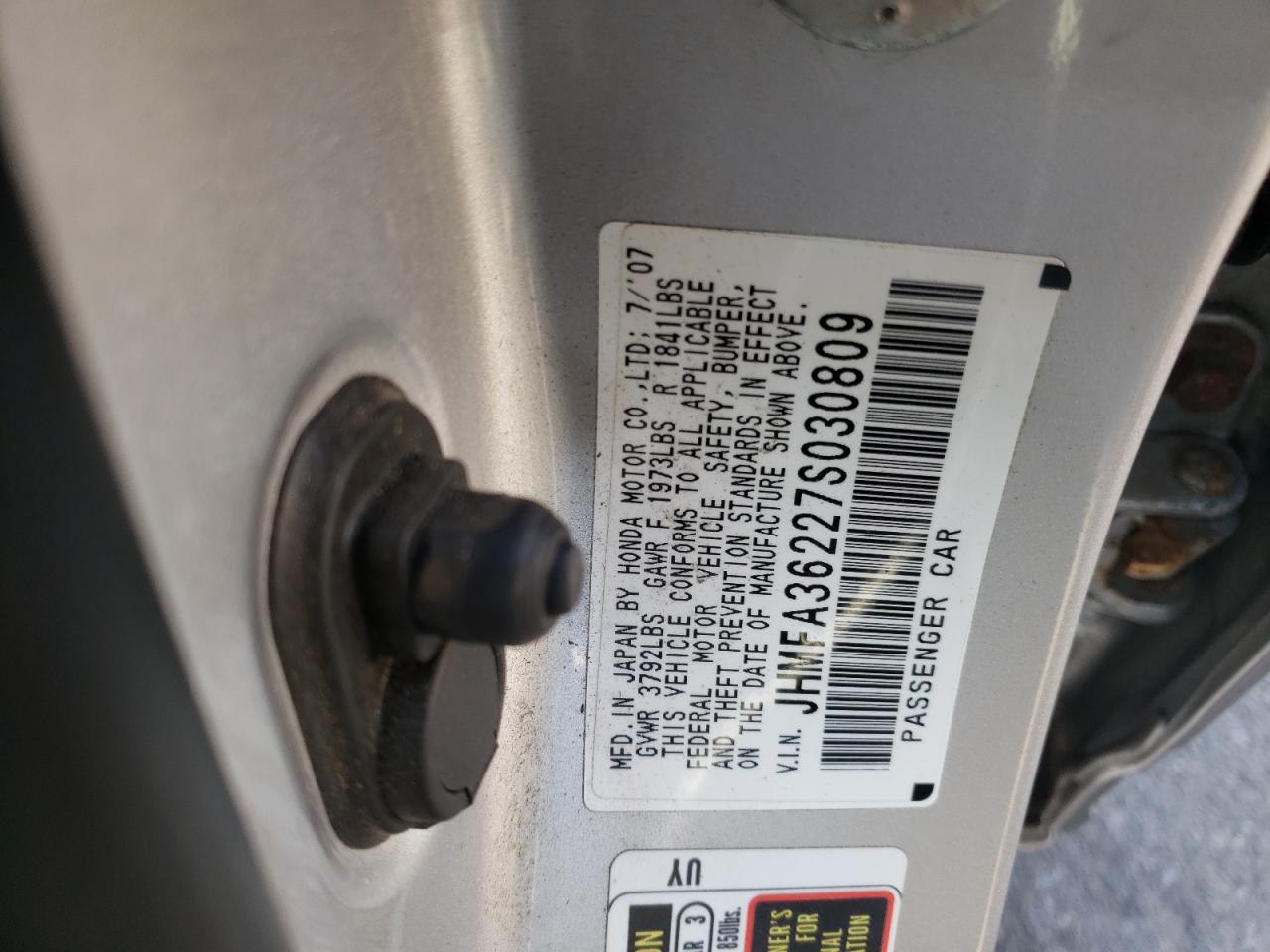 Photo 10 from auction – 2007 HONDA CIVIC HYBR with VIN JHMFA36227S030809