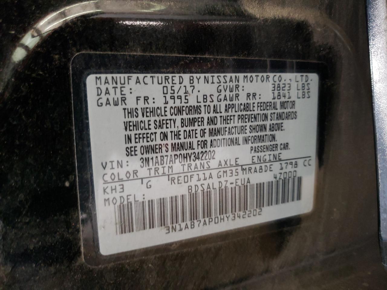 Photo 10 from auction – 2017 NISSAN SENTRA S with VIN 3N1AB7AP0HY342202