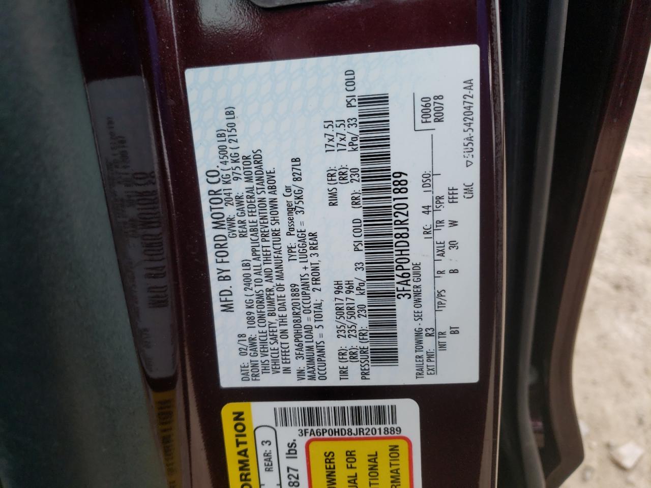 Photo 10 from auction – 2018 FORD FUSION SE with VIN 3FA6P0HD8JR201889